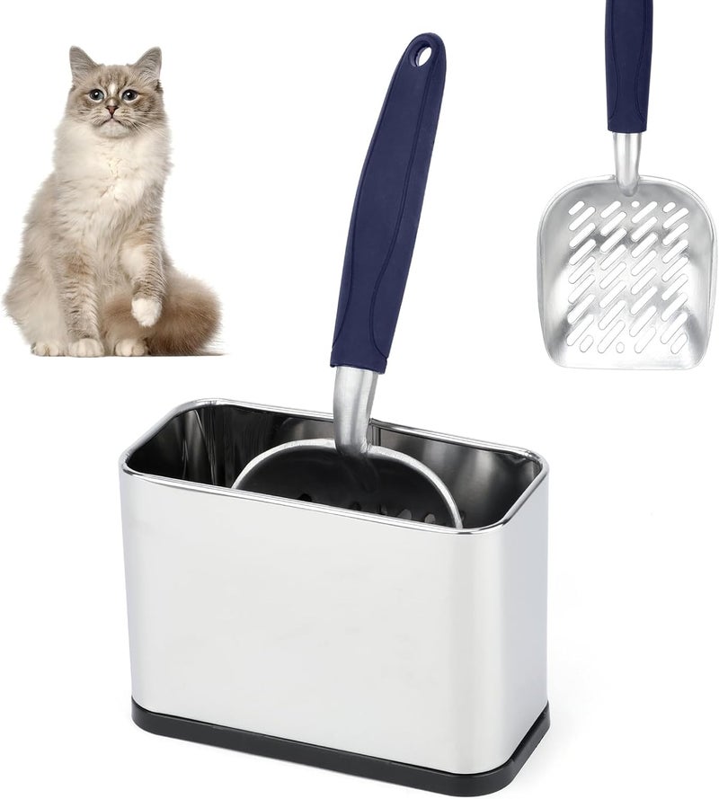 Midollarle Heavy-Duty Cat Litter Scoop with Holder,Metal Cat Scooper Holder Trash Container,Aluminum Kitty Poop Sifting Shovel Captures All Clumps,Speed Sifter Litter Box Scooper with Cats Caddy(Blue) - Image 1